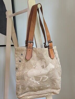 Vintage Polo Ralph Lauren Printed Logo Leather Strap Canvas Tote Bag In Beige